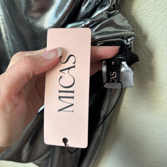 NEW Micas High Neck Metallic Ruched Midi Dress NYE - Picture 3 of 10